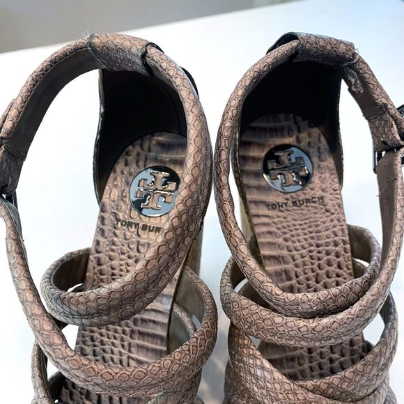Tory Burch Taupe Python Embossed Leather Cork Wedge Strappy Sandals Size 10 M - Picture 9 of 11